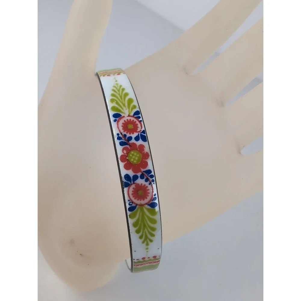 Enameled Bangle Bracelet Boho Hippy Chic Danish Design Flower Motif Vintage Vint